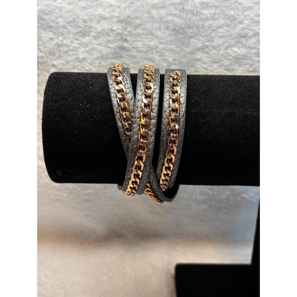 Grey Faux Leather Rose Gold Chain Wrap Bracelet Studded Multi Strand 22 Inch